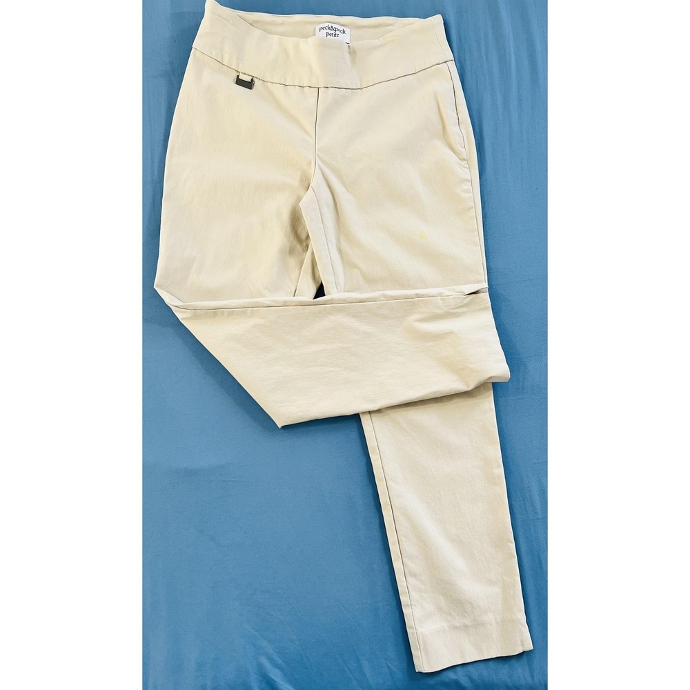 Peck & Peck Dress Pants Womens 8 Petite Beige Twill Straight Leg Pull On Stretch